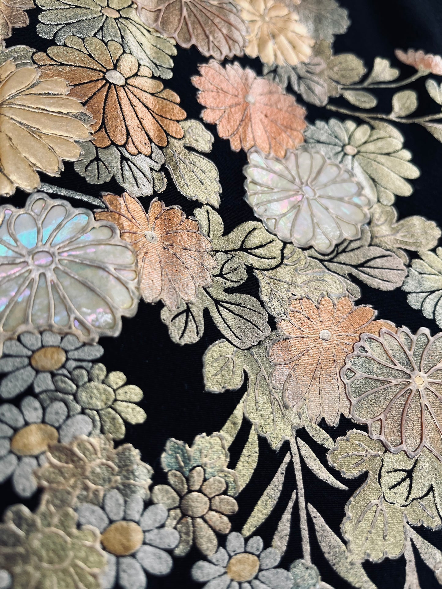 Midnight Chrysanthemum Kimono - Vintage silk with gold and silver metallic detailing.