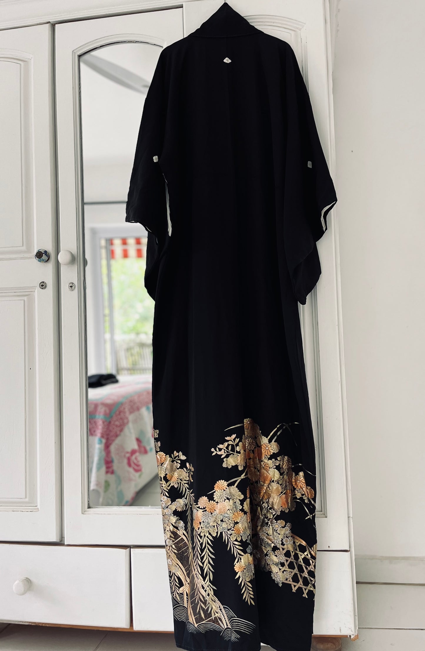 Midnight Chrysanthemum Kimono - Vintage silk with gold and silver metallic detailing.