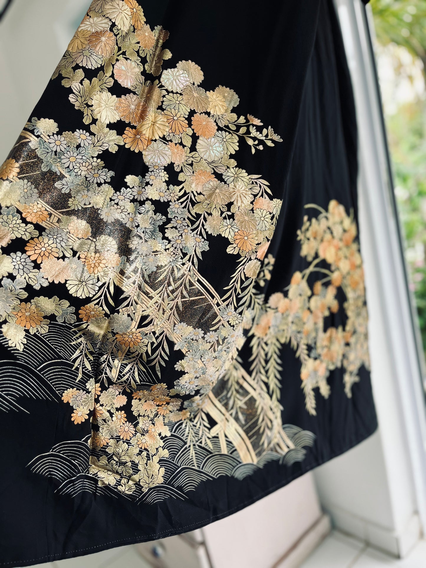 Midnight Chrysanthemum Kimono - Vintage silk with gold and silver metallic detailing.