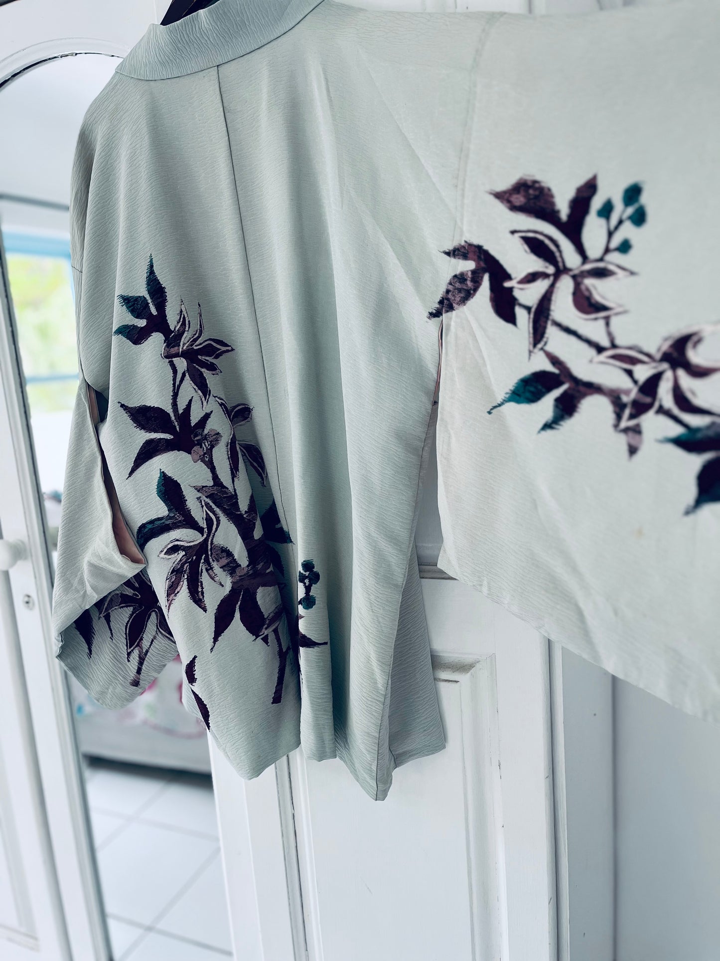 Suiren - Water Lily Whisper Haori - 100% vintage crepe silk with hand-painted botanical design