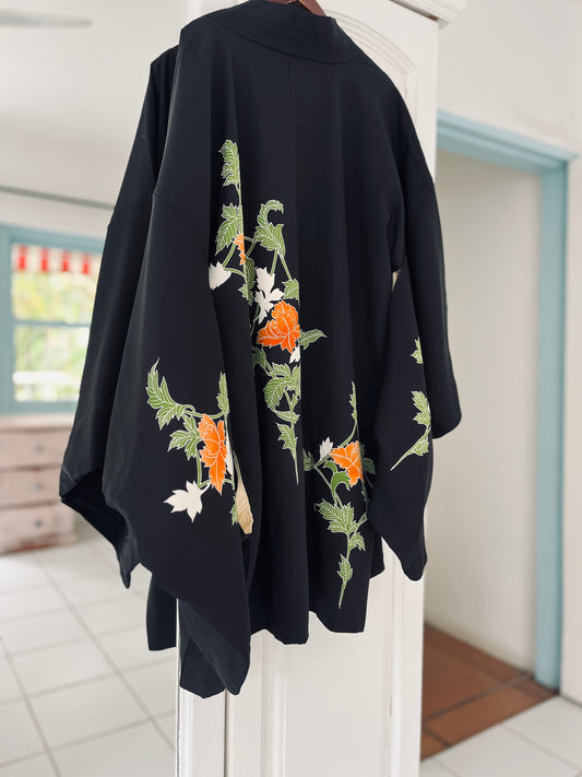 Kikyo Haori - Silk heirloom with orange bloom accents.