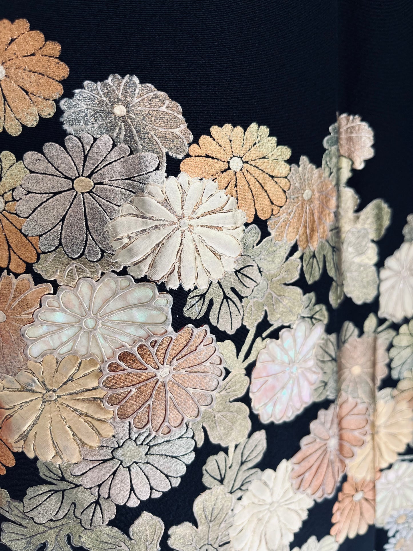 Midnight Chrysanthemum Kimono - Vintage silk with gold and silver metallic detailing.