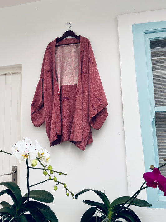 Plum Dust Haori - Muted plum silk, subtle florals. Rare find.