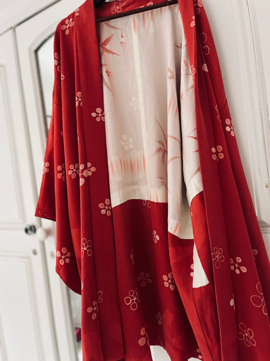 Crimson Petals Haori - Vintage Japanese Silk Haori Kimono Jacket - Shōwa Era, One of One pure silk