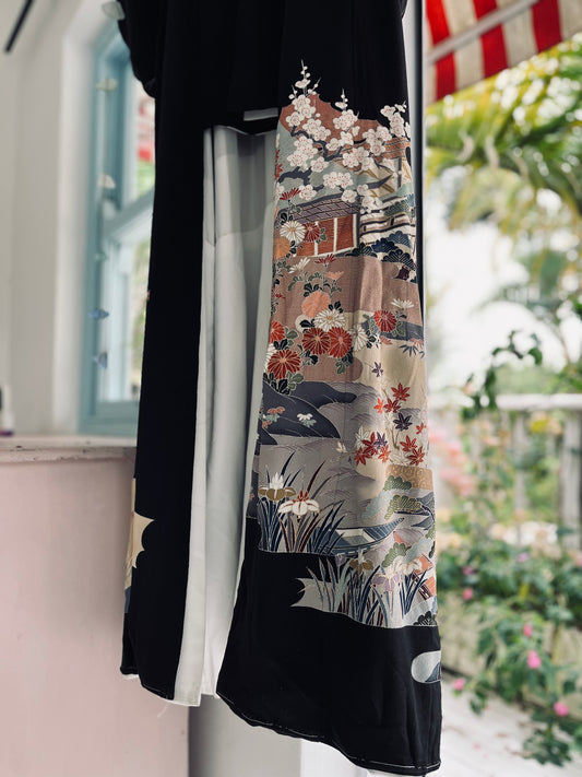 A Silent Garden - Kimono - Handpainted Vintage Japanese pure silk heirloom. Rare and regal.