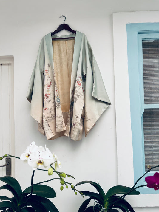 Moonlake Haori - Soft celadon silk, serene and rare. One-of-one heirloom.