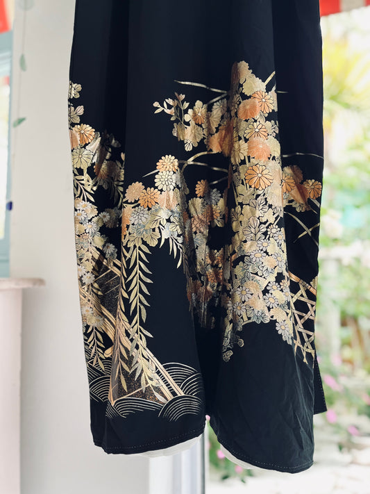 Midnight Chrysanthemum Kimono - Vintage silk with gold and silver metallic detailing.