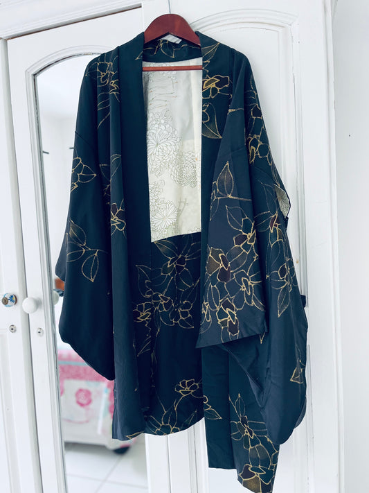 Kinka - The Golden Orchid Haori - 100% vintage crepe silk with gold hand-painted orchid motif.