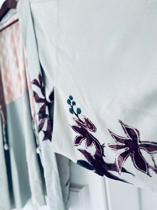 Suiren - Water Lily Whisper Haori - 100% vintage crepe silk with hand-painted botanical design