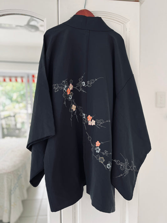 Cherry Blossom Haori - Blooming florals on midnight silk. Rare piece.