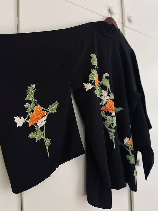 Kikyo Haori - Silk heirloom with orange bloom accents.